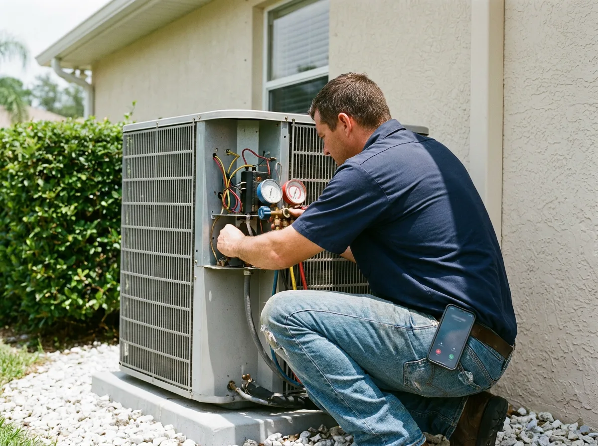 HVAC tech at a condenser, phone ringing