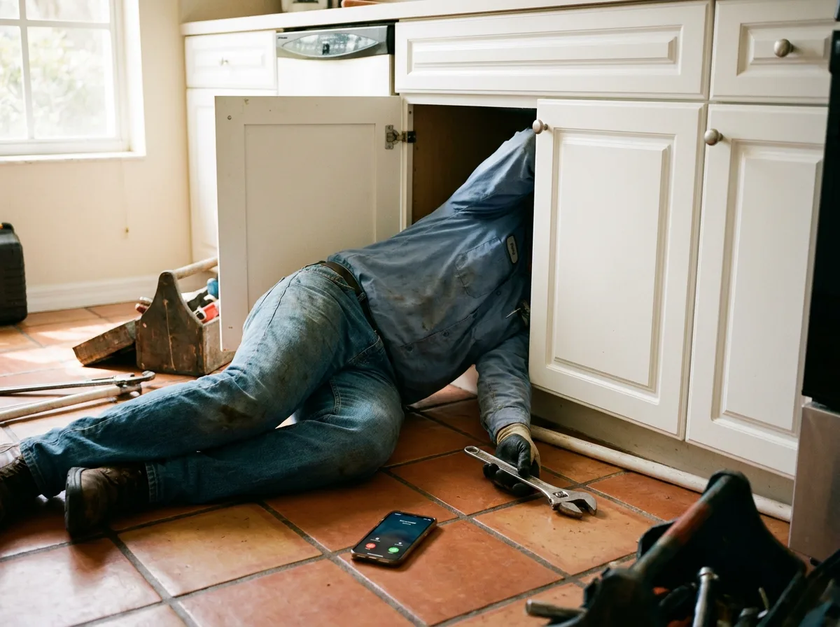Plumber under a sink, phone out of reach